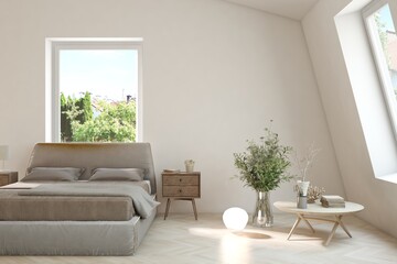 White bedroom concept. Scandinavian interior design. 3D illustration