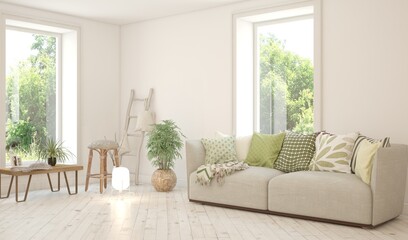 Contemporary classic white interior with furniture and decor and summer landscape in window. Scandinavian interior design. 3D illustration