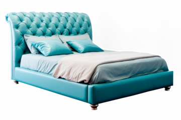 classical blue leather bed isolated on transparent background, png file