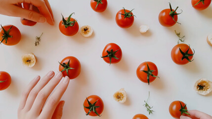 Hands Arranging Cherry Tomatoes with Garlic Cloves on White Table