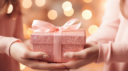a pair of hands hold a pink pink gift box - obrazy, fototapety, plakaty