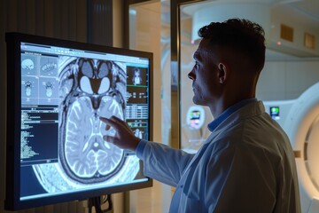 Neurologist Analyzing MRI Brain Scan - obrazy, fototapety, plakaty