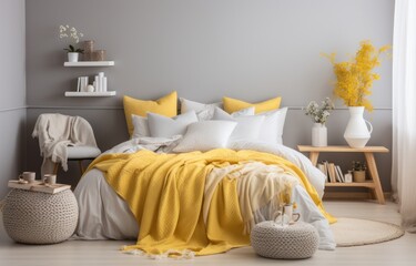 a small bedroom has a white and yellow decor and a white bed