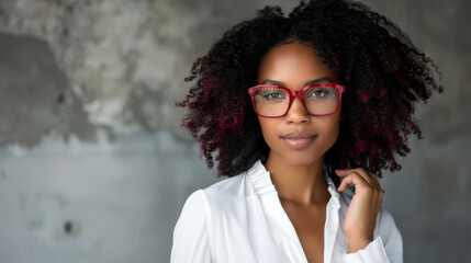 A confident woman holding a pair of red glasses, her joyful expression and elegant white shirt complemented by her stylish curly hair, against a neutral background.