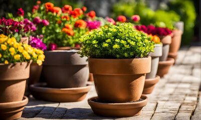 An array of terracotta flowerpots cradling an assortment of colorful flowers, captured with a shallow depth of field