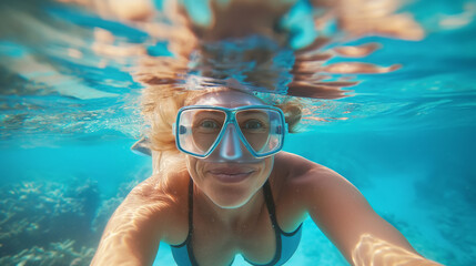 Middle-aged Woman Snorkeling Underwater in clear sea water