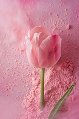 A stunning pink tulip rests on a bed of pink powder.