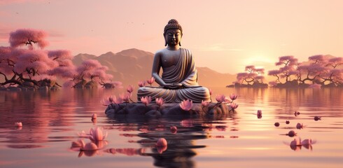 beautiful buddha sitting on the water - obrazy, fototapety, plakaty