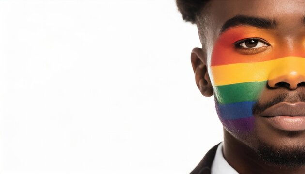 Close-up of an African American man's face painted with the LGBTQ rainbow flag, isolated on white.