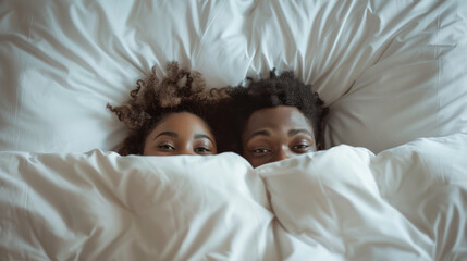 A couple peeks out playfully from under a white duvet in bed, their expressions full of joy and comfort in an intimate and cozy bedroom setting.