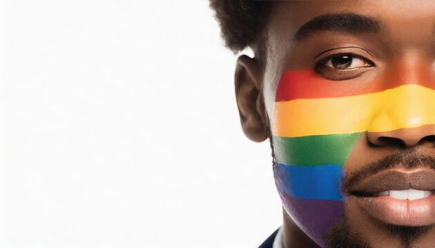 Close-up of an African American man's face painted with the LGBTQ rainbow flag, isolated on white.
