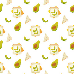 Seamless pattern, breakfast sandwiches, toast with avacado and sausage, vector. For wrapping paper, fabric, background