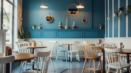 Captivating cafeteria interior design, blue themed , tables and chairs