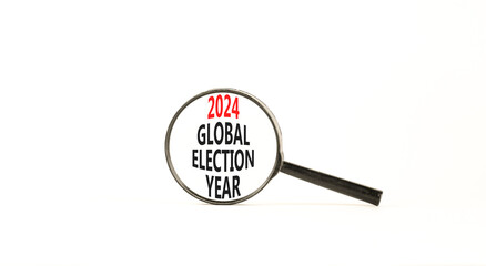 2024 global election year symbol. Concept words 2024 global election year on beautiful magnifying glass. Beautiful white table white background. Business 2024 global election year concept. Copy space