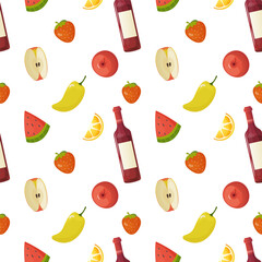 Seamless pattern, different products, food. fish, pepper, tomato, watermelon, croissant, vector. For wrapping paper, fabric, background