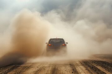 Fototapeta premium Car is driving down dusty dirt road surrounded by towering mountains. Vehicle kicks up clouds of dust as it navigates the rugged terrain