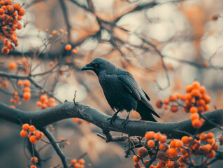 Crow perched amid orange berries, creating a moody autumn scene.
