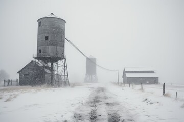 Amidst a swirling snowstorm, a stalwart granary stands guard over a silent, white draped farmstead in the harshest of winters - obrazy, fototapety, plakaty