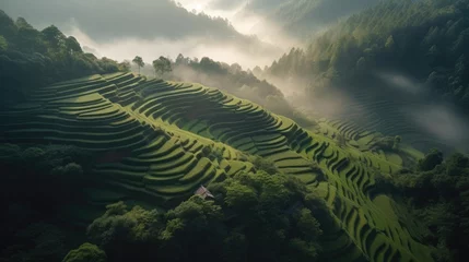 Foto op Canvas Breathtaking aerial view unveils terraced fields as they cascade down the verdant slopes, enveloped in the soft embrace of morning mist © gankevstock