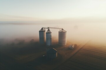 Serene morning breaks as granary silos pierce through a thick blanket of fog, casting a dreamlike stillness over the farmland, aerial view - obrazy, fototapety, plakaty