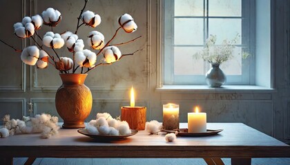 cotton in vase with candles on table - obrazy, fototapety, plakaty