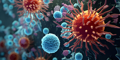Blood cells leucocytes and macrophages are combating viruses and bacteria immune cell. - obrazy, fototapety, plakaty