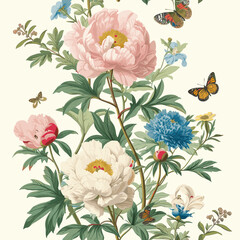 Vintage Beautiful Peonies And Wild Flowers Seamless Pattern Print Design-03.20