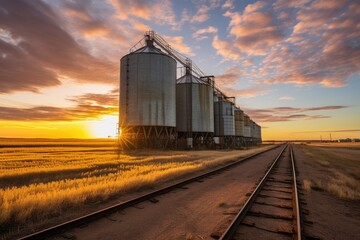 Railway tracks lead straight to the grain silos, standing tall against a dramatic sunset sky that casts a golden hue over the fields - obrazy, fototapety, plakaty