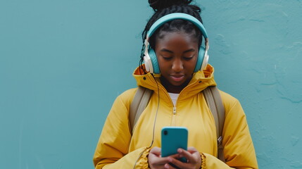 Young african woman with wireless headphones listens music outdoor. Girl with brunette hair wears yellow jacket. Concept modern technologies, good mood.