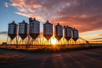 The sun sets behind a line of grain silos, casting long shadows and a radiant glow across the agricultural heartland - obrazy, fototapety, plakaty