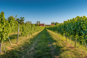 Fototapeta na wymiar panoramic view of a hop field. The hop vines are climbing up the trellises