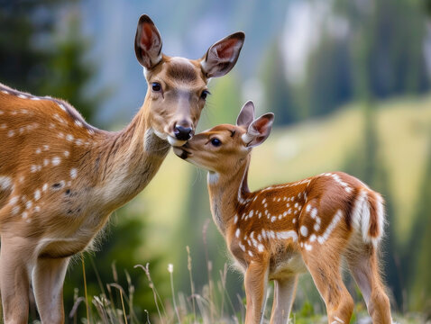 Doe and fawn sharing a tender moment in nature.