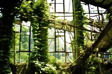 Sunbeams filter through the shattered windows of an abandoned building, illuminating the rampant overgrowth within its remains