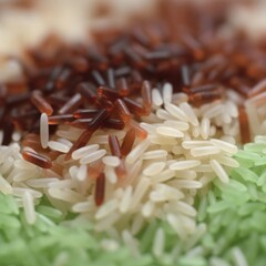 Macro shot revealing the intricate details and varied colors of mixed rice grains, showcasing nature's diversity