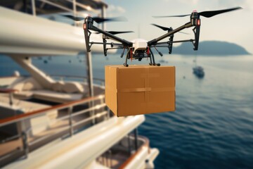 Fototapeta premium Smart package Drone Delivery tech consultants. Box shipping drone logistic optimization parcel ai fairness transportation. Logistic tech hydroponic gardening mobility bike sharing systems
