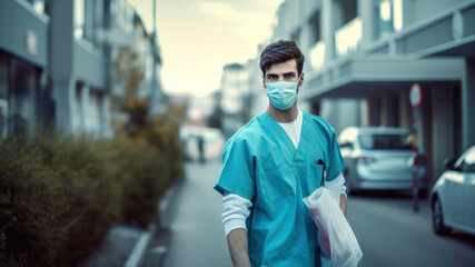 Fototapeta na wymiar Portrait of a young male doctor wearing protective mask while walking on the street