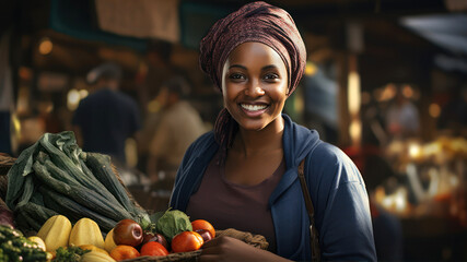 Portrait of smiling african woman with bag of vegetables at market - obrazy, fototapety, plakaty