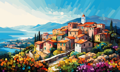 stylized digital painting of rural Italy, town kaleidoscope cobblestone vivid colors panorama rural vector