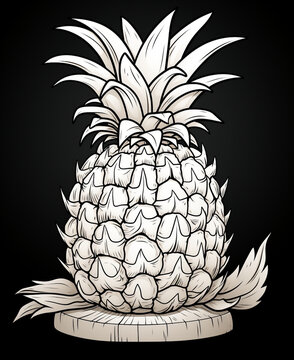 coloring book page, a pineapple, minimalistic flat line art, black background, shaun of the dead style сreated with Generative Ai