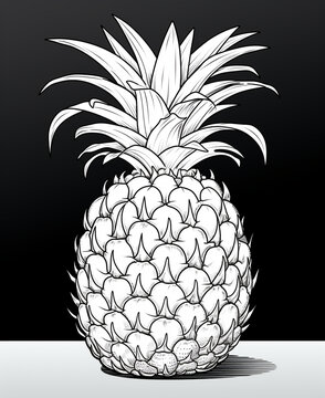 coloring book page, a pineapple, minimalistic flat line art, black background, shaun of the dead style сreated with Generative Ai