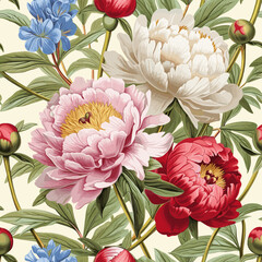 Vintage Beautiful Peonies And Wild Flowers Seamless Pattern Print Design-07.20 - 740952148