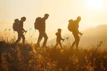 Family Hike at Sunset Silhouetted Against the Glowing Sky - obrazy, fototapety, plakaty