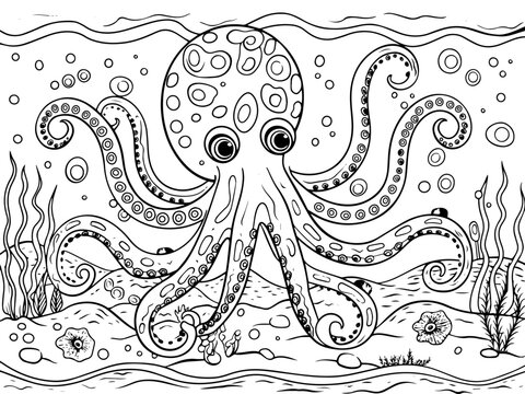Large octopus at the bottom of the sea. Coloring book or Coloring page for kids. Generative ai. 