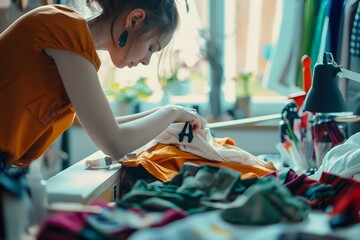 Young Craftswoman Concentrating on Hand Sewing a Custom Garment