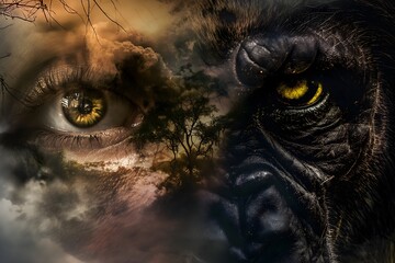 Mystical Fusion of Human and Gorilla Gaze in a Surreal Wildlife Montage