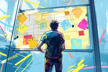 Innovative Mind at Work Planning Strategy with Sticky Notes on Glass Wall