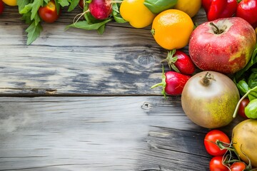 Cornucopia of Fresh Fruits and Vegetables on Weathered Wooden Planks