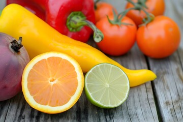 Vibrant Fresh Citrus and Vegetables on Rustic Wooden Background