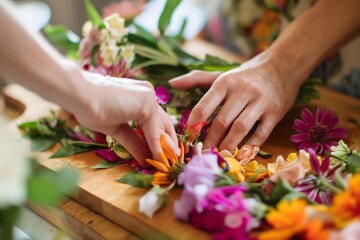 Obraz na płótnie Canvas Florist Hands Creatively Arranging a Vibrant Selection of Fresh Flowers