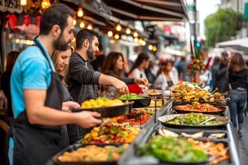Street Food Market Bustling with Vendors Serving a Variety of Fresh and Colorful Dishes
